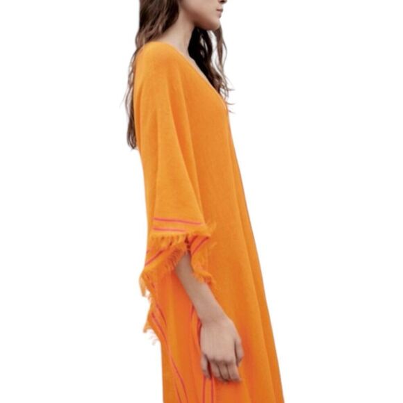 Zara Kaftan XS Orange Linen Blend Knit Oversized Lagenlook Cover Up Boho Poncho - Picture 4 of 11